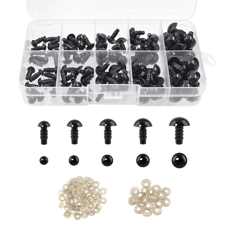 Quacc 100 PCS Safety Eyes with Washers, Black Plastic Toy Eyes for Crochet Crafts, DIY Craft Dolls, Stuffed Animals, Teddy Bears (6-12 mm) - Image 1